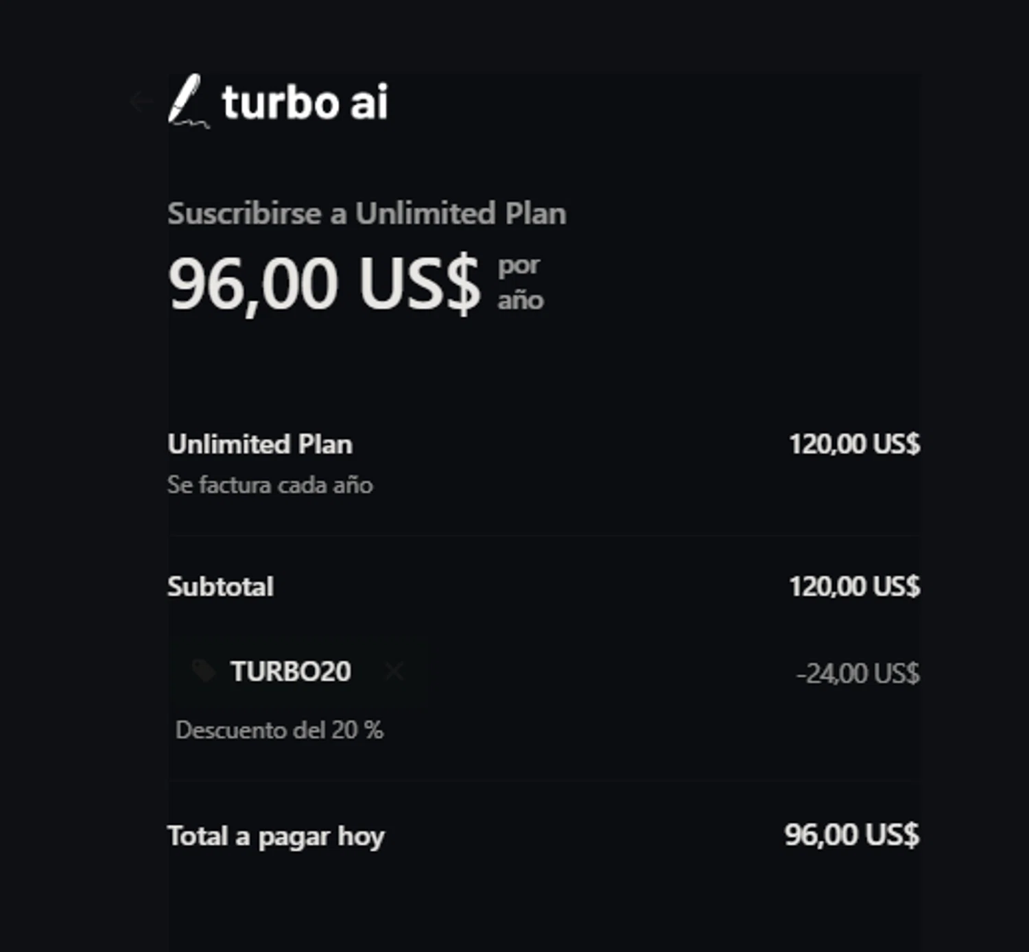 TurboLearn AI promo code screenshot showing code TURBO20 applied at TurboLearn AI checkout page. Uploaded by SimplyCodes community member PedroNavaja on Nov 30, 2025