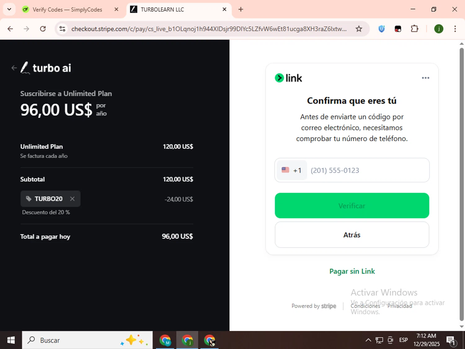 TurboLearn AI promo code screenshot showing code TURBO20 applied at TurboLearn AI checkout page. Uploaded by SimplyCodes community member SavingsCollector2592 on Dec 29, 2025