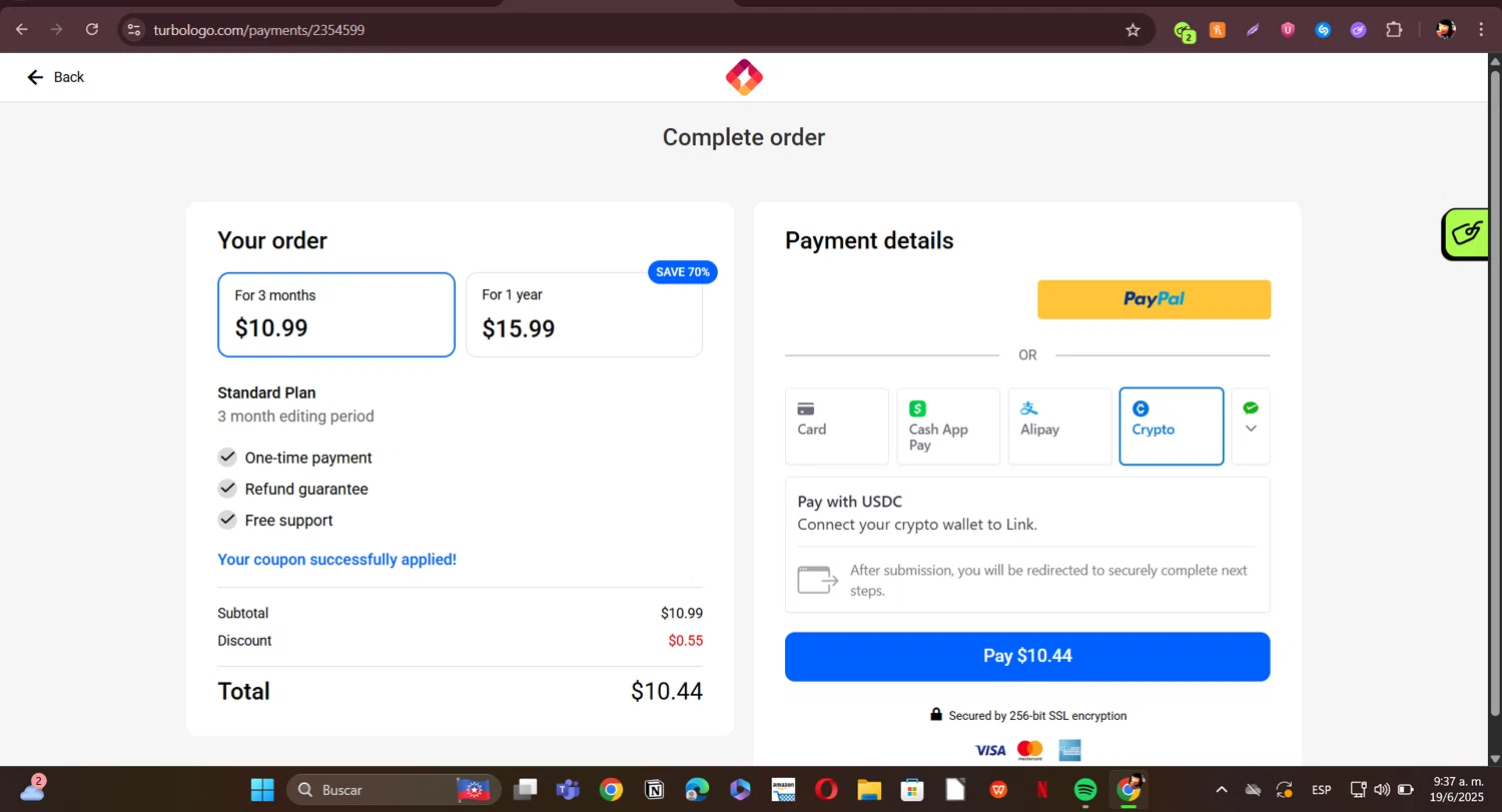 Turbologo coupon code screenshot showing code promo_design applied at Turbologo checkout page. Uploaded by SimplyCodes community member ERI0810 on Jun 19, 2025