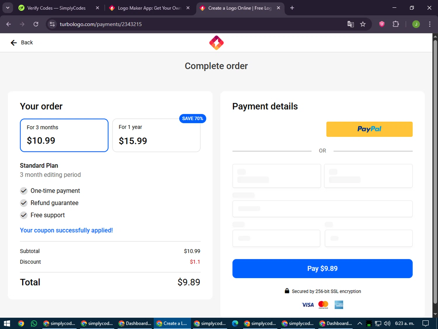 Turbologo coupon code screenshot showing code turbo10 applied at Turbologo checkout page. Uploaded by SimplyCodes community member LilBaby on Jun 7, 2025