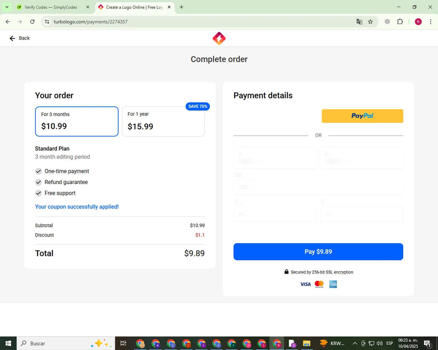 Turbologo coupon code screenshot showing code turbo10 applied at Turbologo checkout page. Uploaded by SimplyCodes community member BonusGuardian1649 on Apr 10, 2025