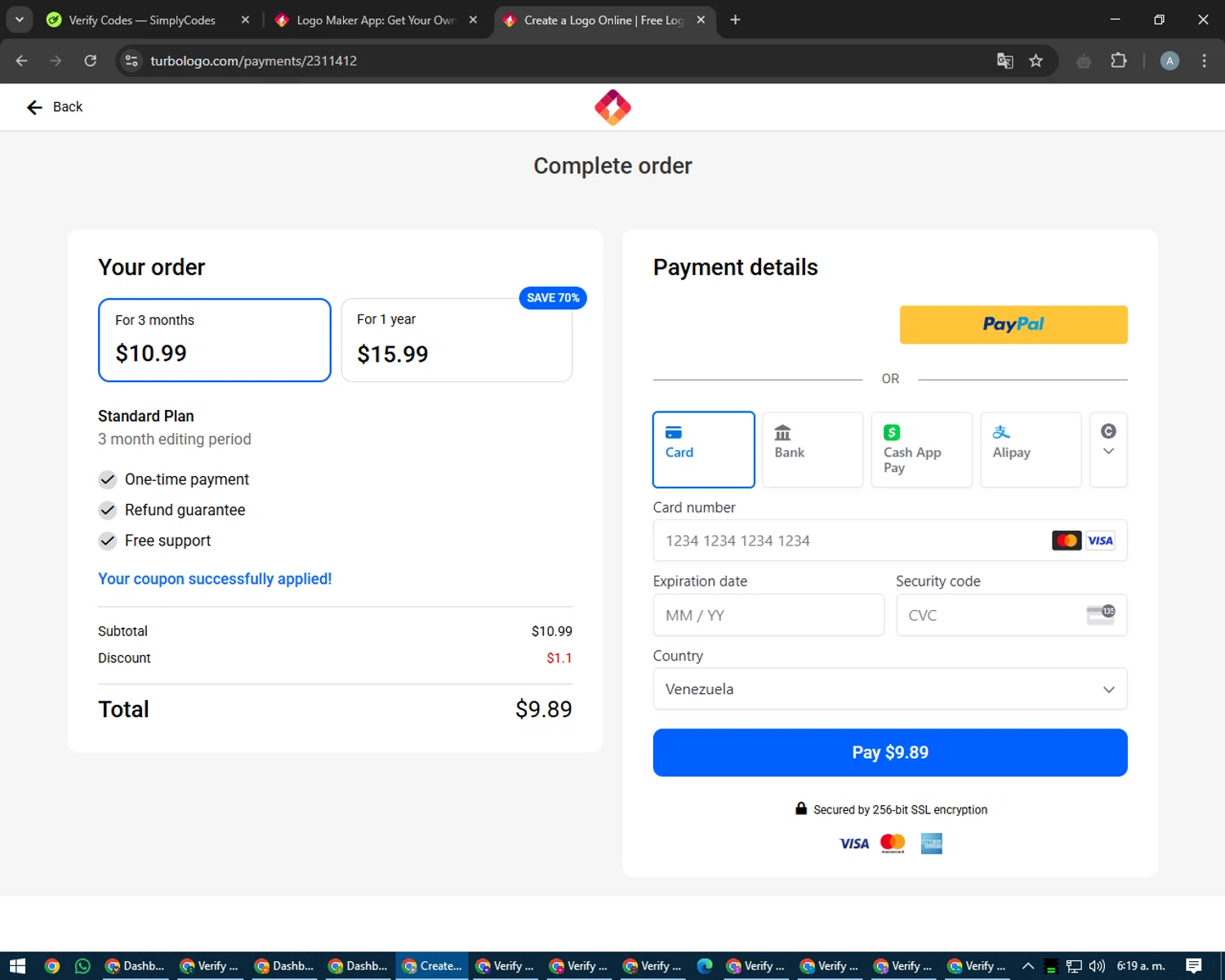 Turbologo coupon code screenshot showing code turbo10 applied at Turbologo checkout page. Uploaded by SimplyCodes community member trippieredd on May 9, 2025