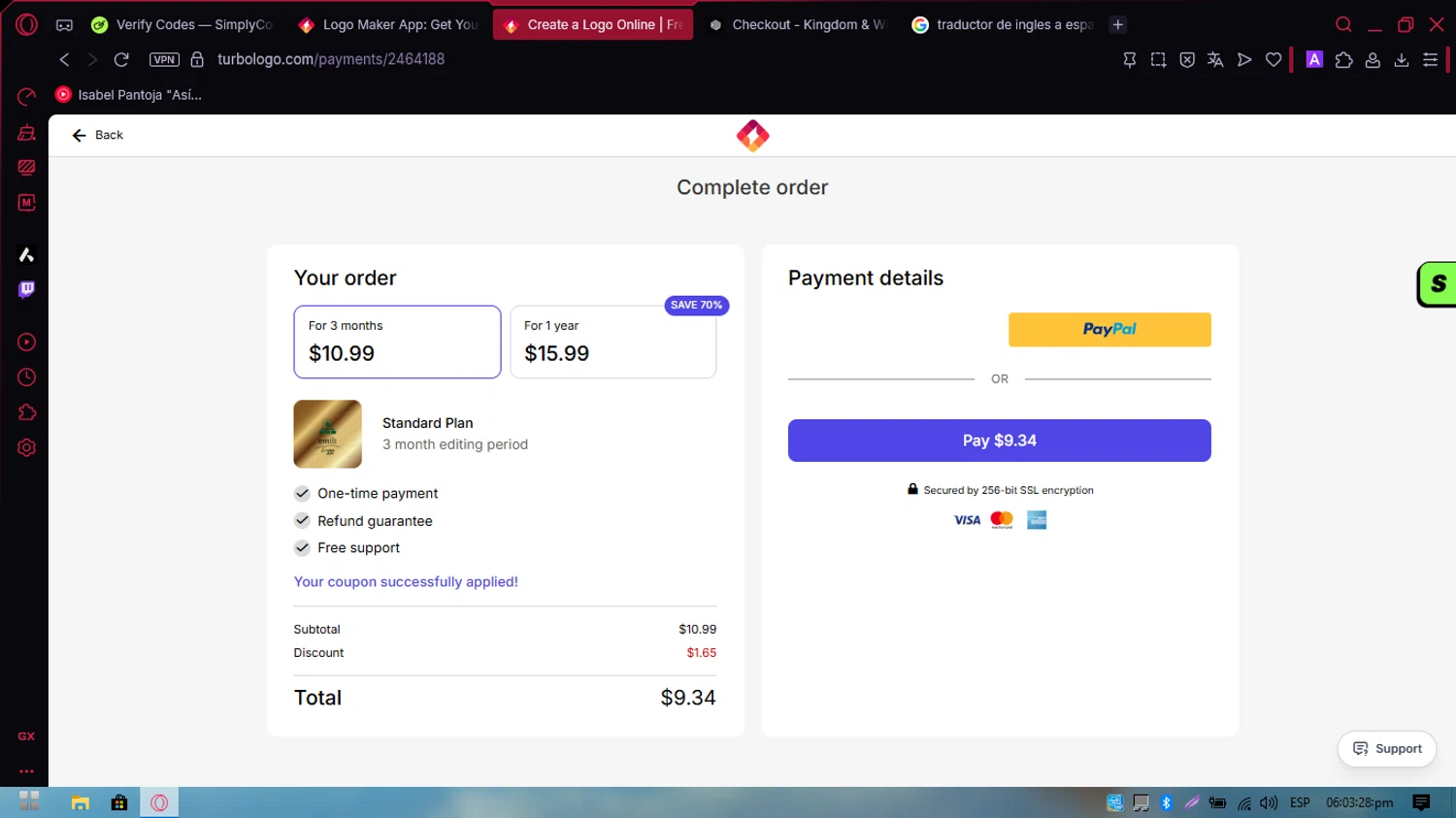 Turbologo coupon code screenshot showing code TURBO15 applied at Turbologo checkout page. Uploaded by SimplyCodes community member PennySpotter2417 on Sep 30, 2025