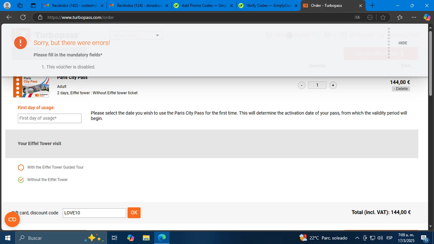 Turbopass discount code screenshot showing code LOVE10 applied at Turbopass checkout page. Uploaded by SimplyCodes community member Mdeoca on Mar 17, 2025