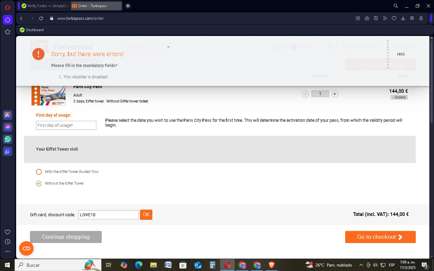 Turbopass discount code screenshot showing code LOVE10 applied at Turbopass checkout page. Uploaded by SimplyCodes community member SavingsSentinel833 on Mar 17, 2025
