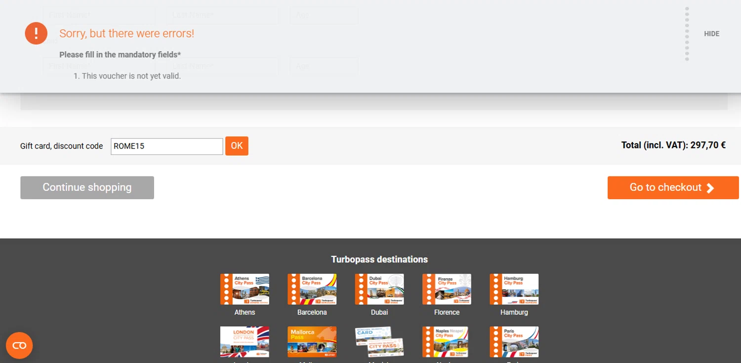 Turbopass discount code screenshot showing code ROME15 applied at Turbopass checkout page. Uploaded by SimplyCodes community member Juancarloscone361 on Apr 19, 2025