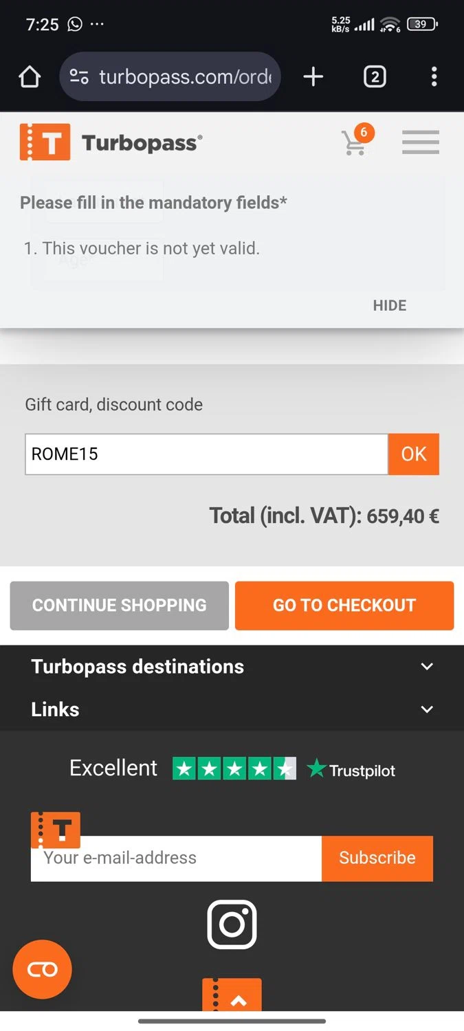 Turbopass discount code screenshot showing code ROME15 applied at Turbopass checkout page. Uploaded by SimplyCodes community member Shadowking on Apr 19, 2025