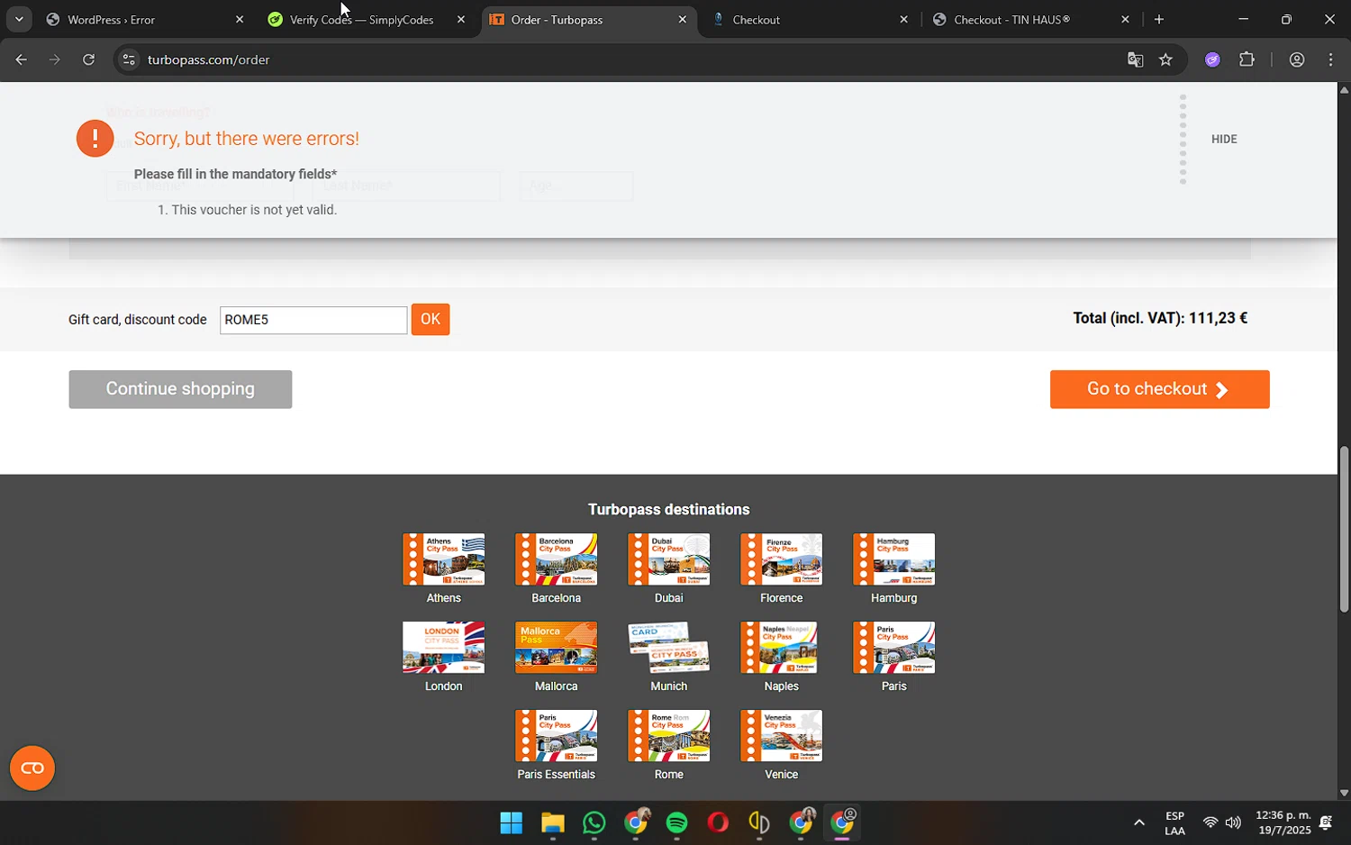 Turbopass discount code screenshot showing code ROME5 applied at Turbopass checkout page. Uploaded by SimplyCodes community member wednesday on Jul 19, 2025