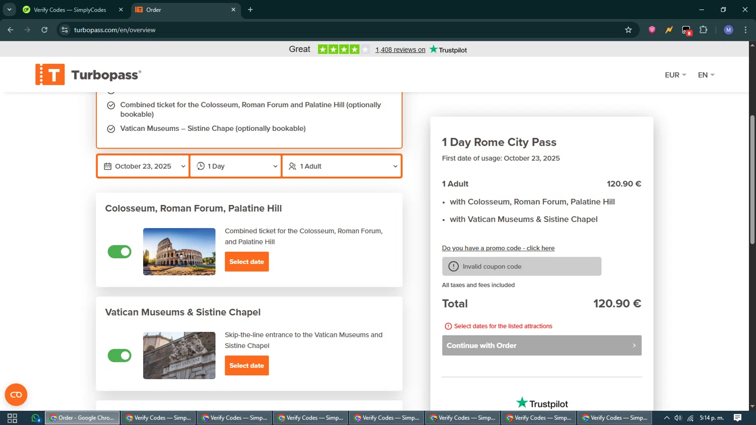 Turbopass discount code screenshot showing code DONTPAYFULL5 applied at Turbopass checkout page. Uploaded by SimplyCodes community member VoucherCurator824 on Oct 11, 2025