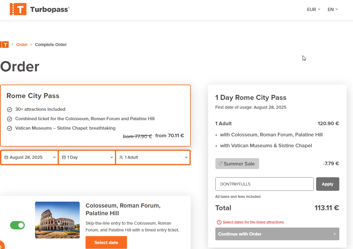 Turbopass checkout page showing Turbopass discount code box | Screenshot taken by SimplyCodes community member on Aug 21, 2025