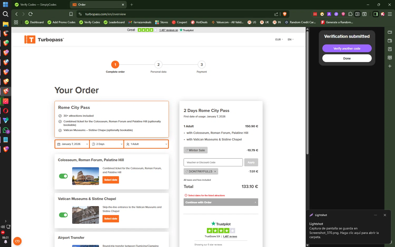 Turbopass discount code screenshot showing code DONTPAYFULL5 applied at Turbopass checkout page. Uploaded by SimplyCodes community member ilarrazaM3 on Dec 18, 2025
