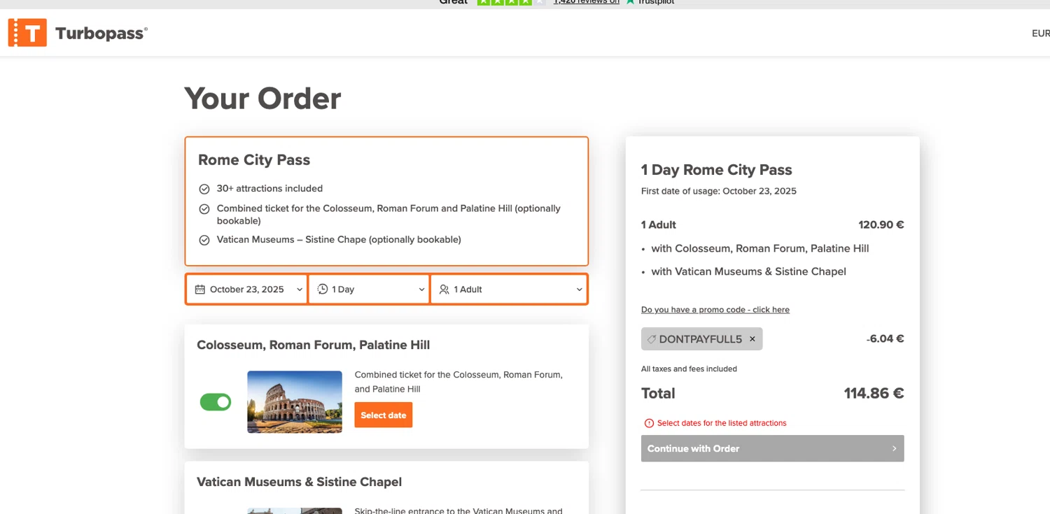 Turbopass discount code screenshot showing code DONTPAYFULL5 applied at Turbopass checkout page. Uploaded by SimplyCodes community member ELOIN777 on Oct 19, 2025