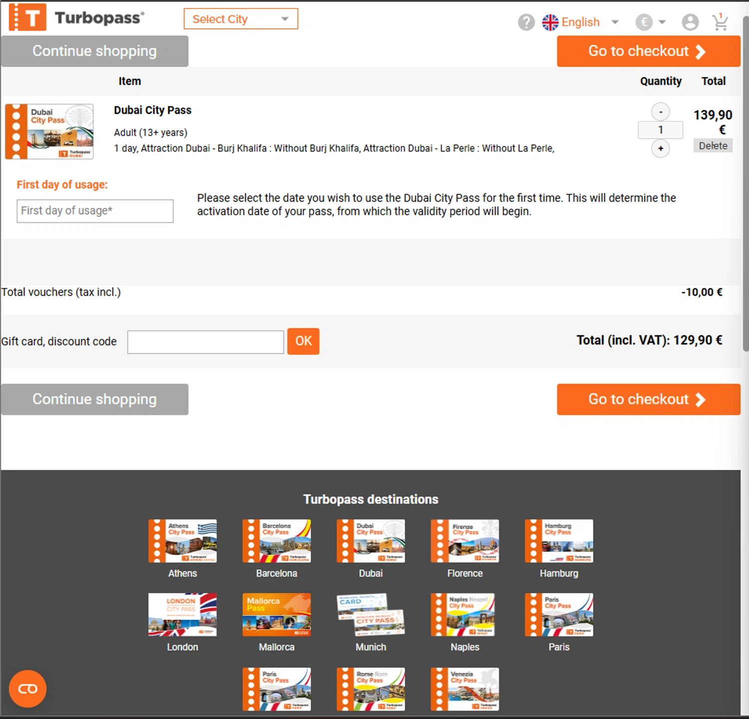 Turbopass discount code screenshot showing code DUBAI10 applied at Turbopass checkout page. Uploaded by SimplyCodes community member PillarsofCreation on May 5, 2025