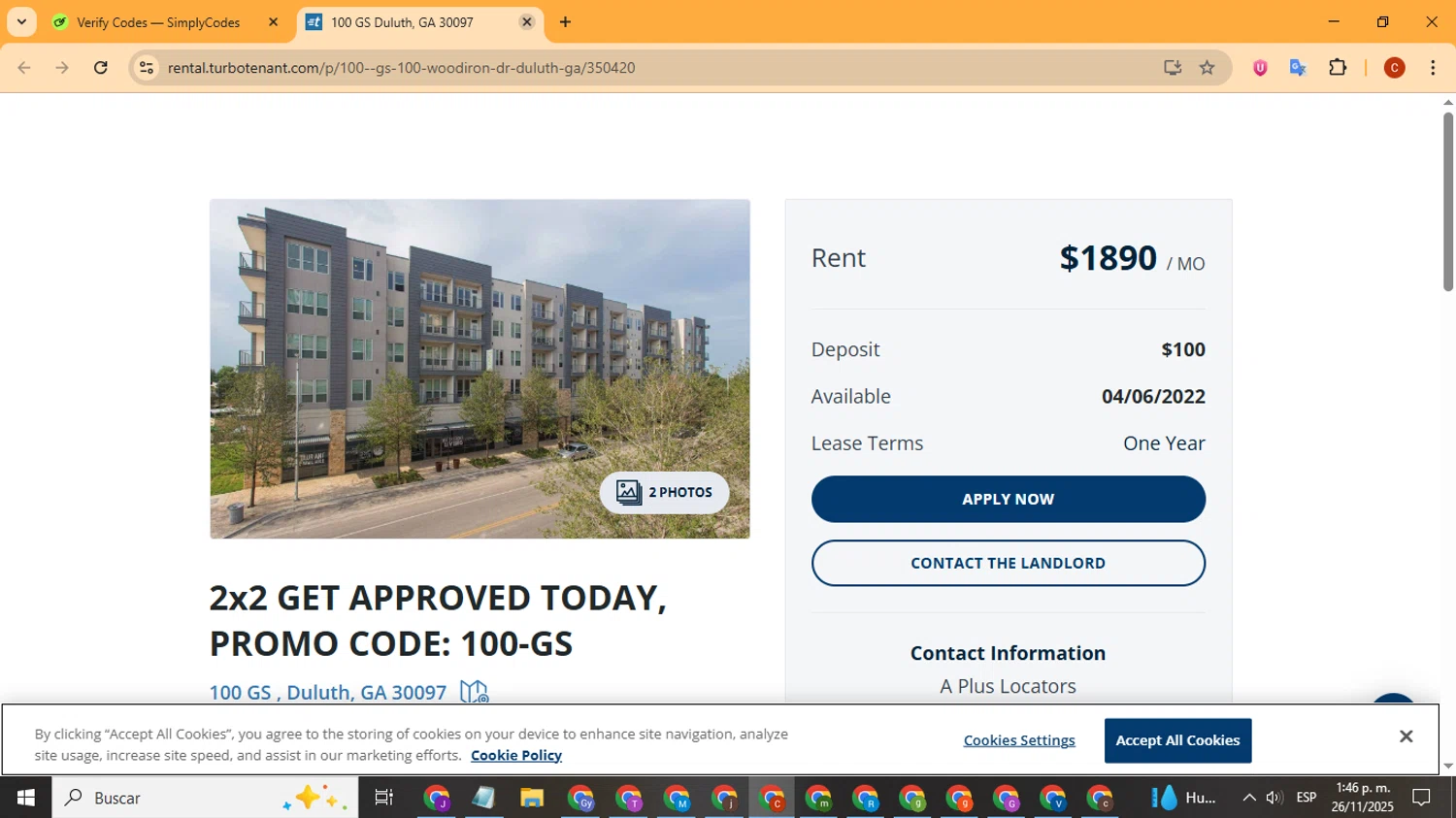 TurboTenant promo code screenshot showing code 100-GS applied at TurboTenant checkout page. Uploaded by SimplyCodes community member Playstatiton2 on Nov 26, 2025