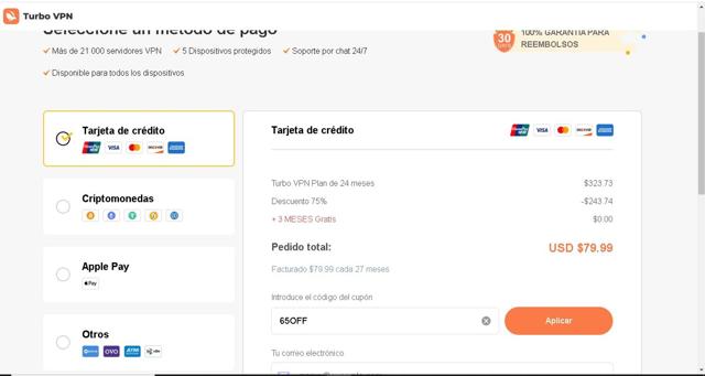 Turbo VPN checkout page showing Turbo VPN promo code box | Screenshot taken by SimplyCodes community member on Nov 30, 2024