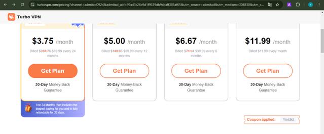 Turbo VPN checkout page showing Turbo VPN promo code box | Screenshot taken by SimplyCodes community member on Sep 4, 2024