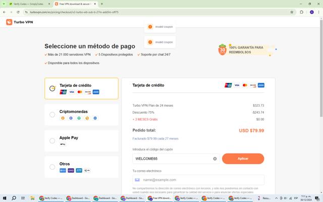 Turbo VPN checkout page showing Turbo VPN promo code box | Screenshot taken by SimplyCodes community member on Dec 30, 2024