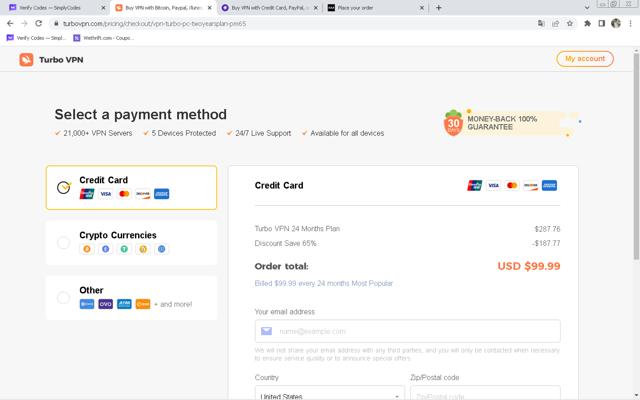 Turbo VPN checkout page showing Turbo VPN promo code box | Screenshot taken by SimplyCodes community member on Feb 5, 2024