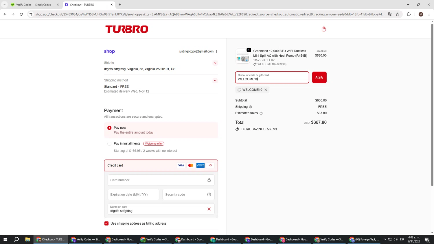 TURBRO promo code screenshot showing code WELCOME10 applied at TURBRO checkout page. Uploaded by SimplyCodes community member KTMCRF on Nov 9, 2025
