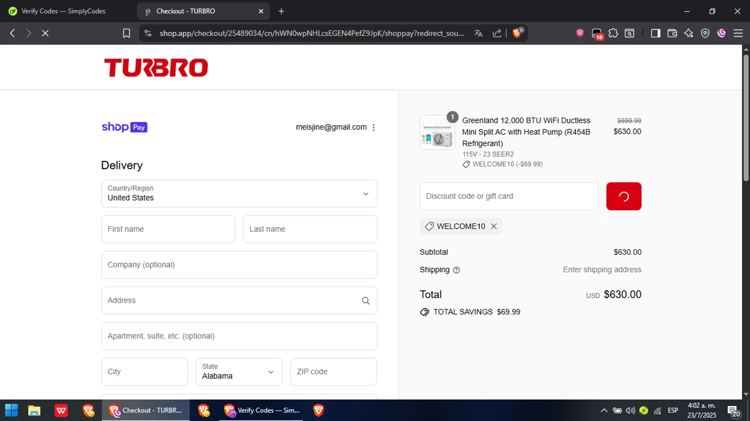 TURBRO promo code screenshot showing code WELCOME10 applied at TURBRO checkout page. Uploaded by SimplyCodes community member RebateCaptain6440 on Jul 23, 2025