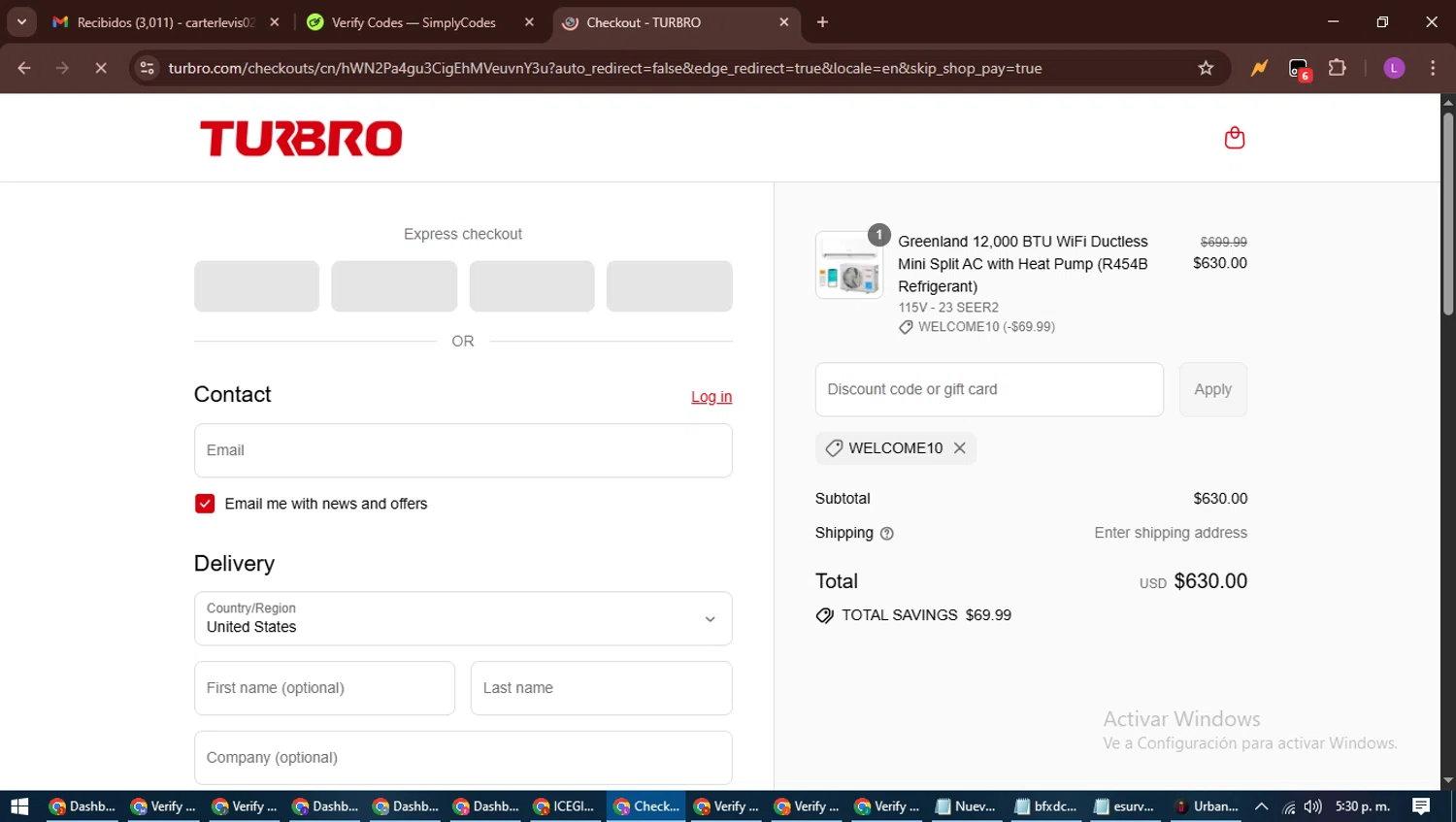 TURBRO promo code screenshot showing code WELCOME10 applied at TURBRO checkout page. Uploaded by SimplyCodes community member RewardScout5160 on Aug 30, 2025