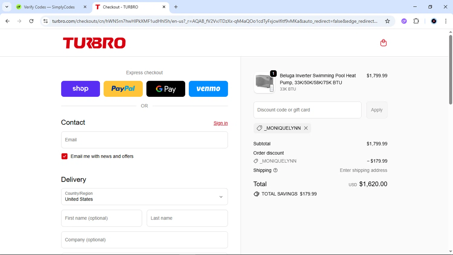 TURBRO promo code screenshot showing code _MONIQUELYNN applied at TURBRO checkout page. Uploaded by SimplyCodes community member EpicTiger6039 on Nov 29, 2025