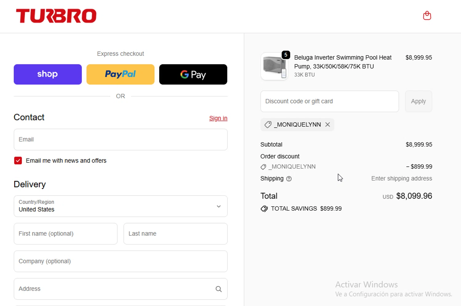TURBRO promo code screenshot showing code _MONIQUELYNN applied at TURBRO checkout page. Uploaded by SimplyCodes community member WonderW on Oct 10, 2025