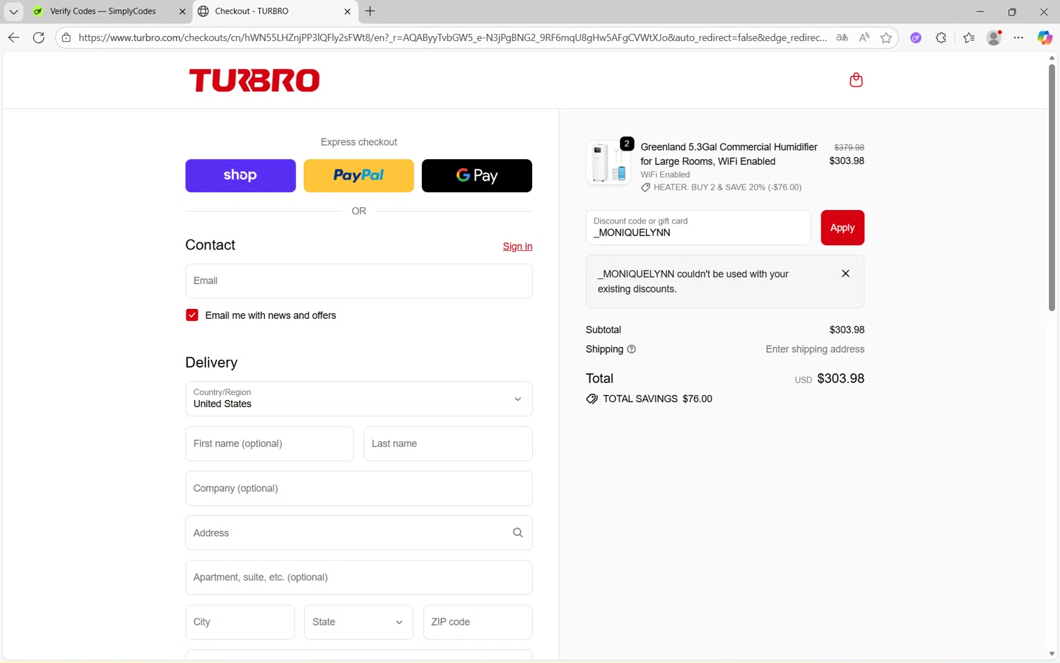 TURBRO promo code screenshot showing code _MONIQUELYNN applied at TURBRO checkout page. Uploaded by SimplyCodes community member Yuyu12 on Nov 9, 2025