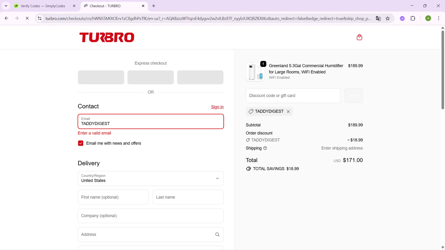 TURBRO promo code screenshot showing code TADDYDIGEST applied at TURBRO checkout page. Uploaded by SimplyCodes community member SavingsHero9122 on Nov 9, 2025