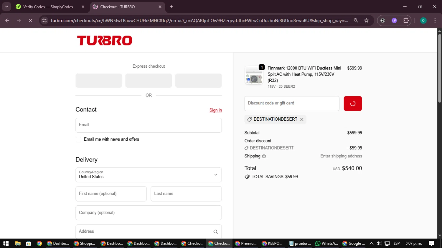 TURBRO promo code screenshot showing code DestinationDesert applied at TURBRO checkout page. Uploaded by SimplyCodes community member LuckyDefender9428 on Nov 24, 2025