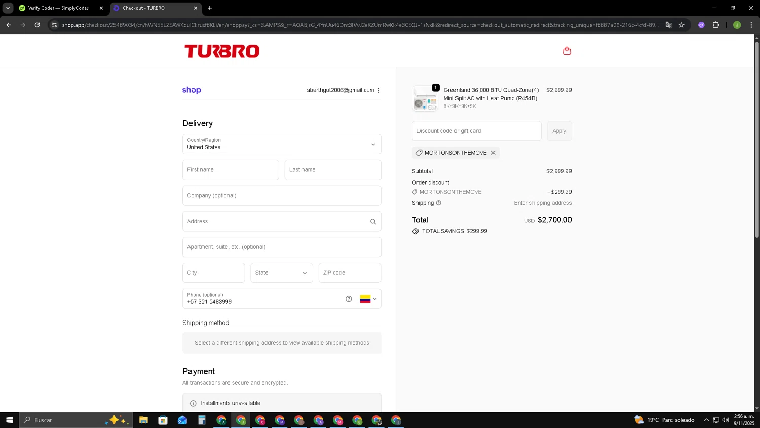 TURBRO promo code screenshot showing code MORTONSONTHEMOVE applied at TURBRO checkout page. Uploaded by SimplyCodes community member SAIKOO on Nov 9, 2025