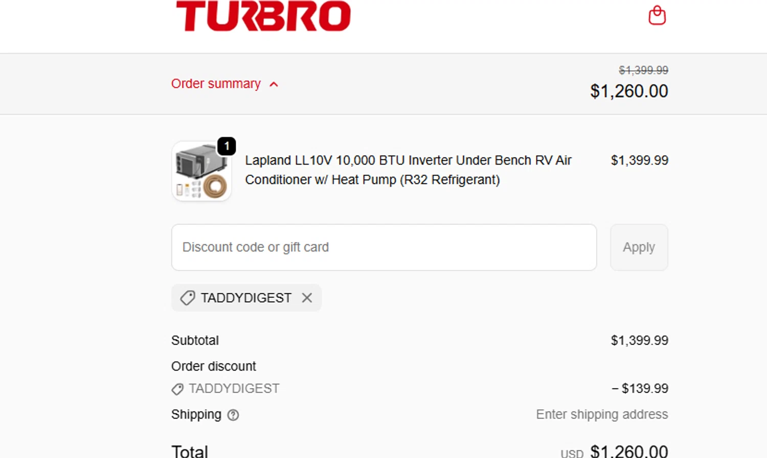 TURBRO promo code screenshot showing code TADDYDIGEST applied at TURBRO checkout page. Uploaded by SimplyCodes community member ashe1986 on Oct 10, 2025