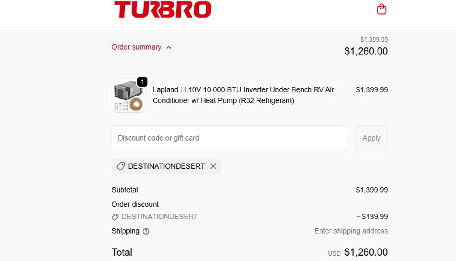 TURBRO promo code screenshot showing code DestinationDesert applied at TURBRO checkout page. Uploaded by SimplyCodes community member ashe1986 on Oct 10, 2025