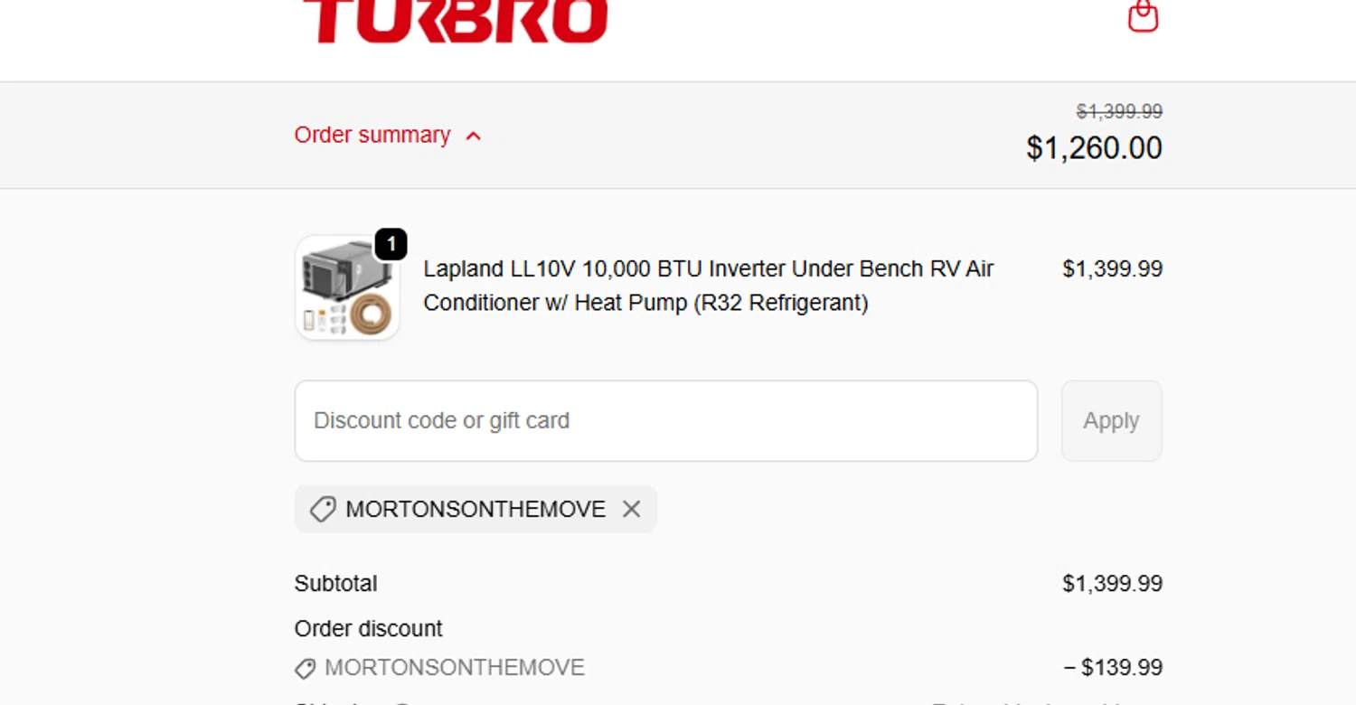 TURBRO promo code screenshot showing code MORTONSONTHEMOVE applied at TURBRO checkout page. Uploaded by SimplyCodes community member ashe1986 on Oct 10, 2025