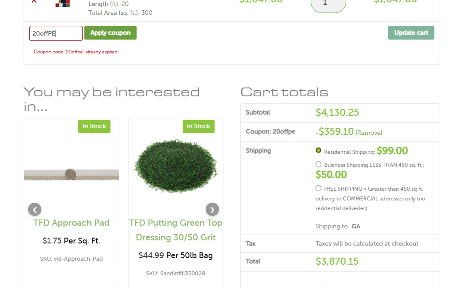 Turf Factory Direct coupon code screenshot showing code 20offPE applied at Turf Factory Direct checkout page. Uploaded by SimplyCodes community member CodeVirtuoso1353 on Nov 11, 2025