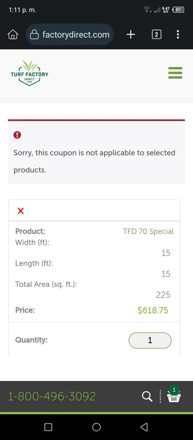 Turf Factory Direct coupon code screenshot showing code 20off80 applied at Turf Factory Direct checkout page. Uploaded by SimplyCodes community member Original01 on Jul 23, 2025
