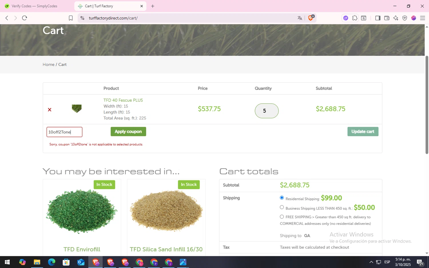 Turf Factory Direct checkout page showing Turf Factory Direct coupon code box | Screenshot taken by SimplyCodes community member on Oct 3, 2025
