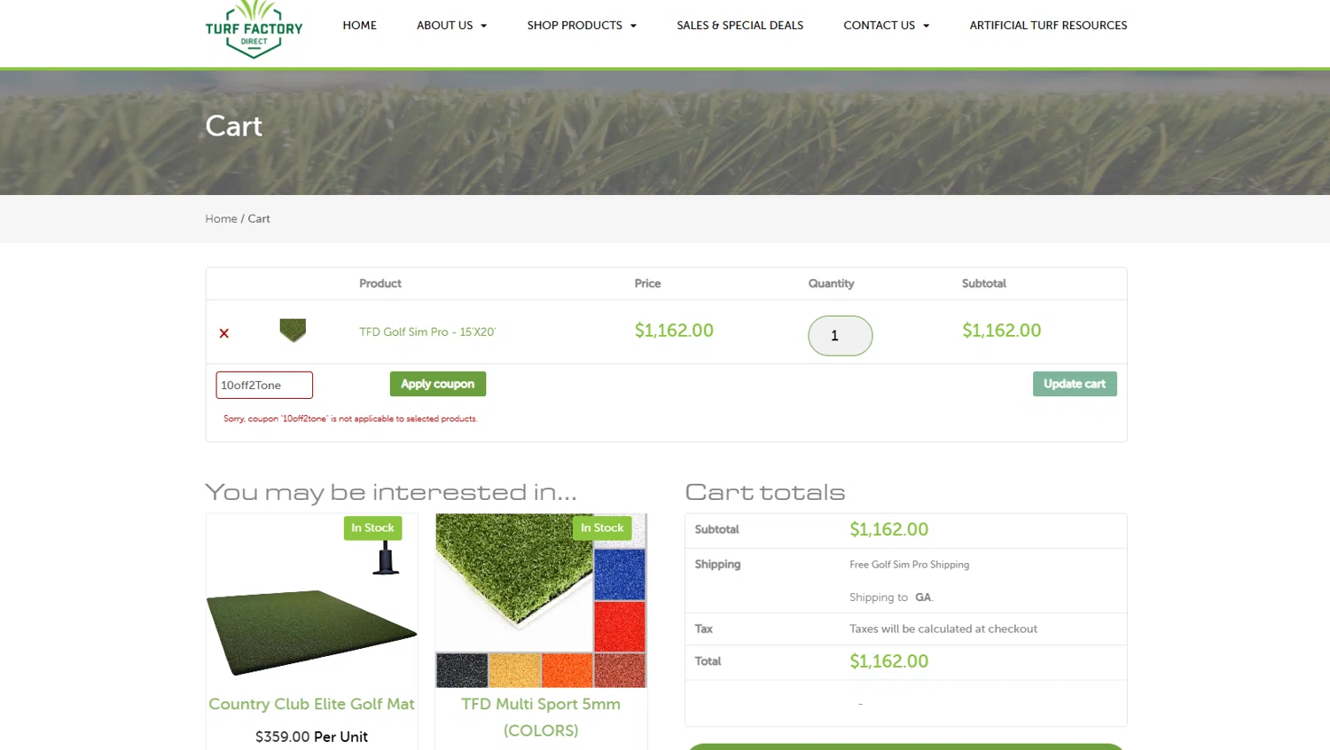 Turf Factory Direct coupon code screenshot showing code 10off2Tone applied at Turf Factory Direct checkout page. Uploaded by SimplyCodes community member Ricacocaina on Nov 1, 2025