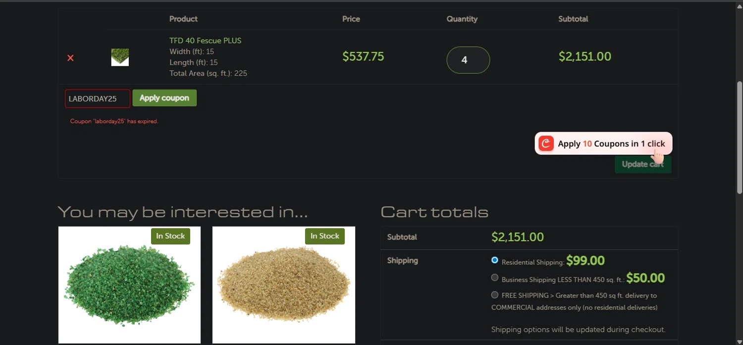Turf Factory Direct coupon code screenshot showing code LABORDAY25 applied at Turf Factory Direct checkout page. Uploaded by SimplyCodes community member Nicoletorres on Sep 29, 2025