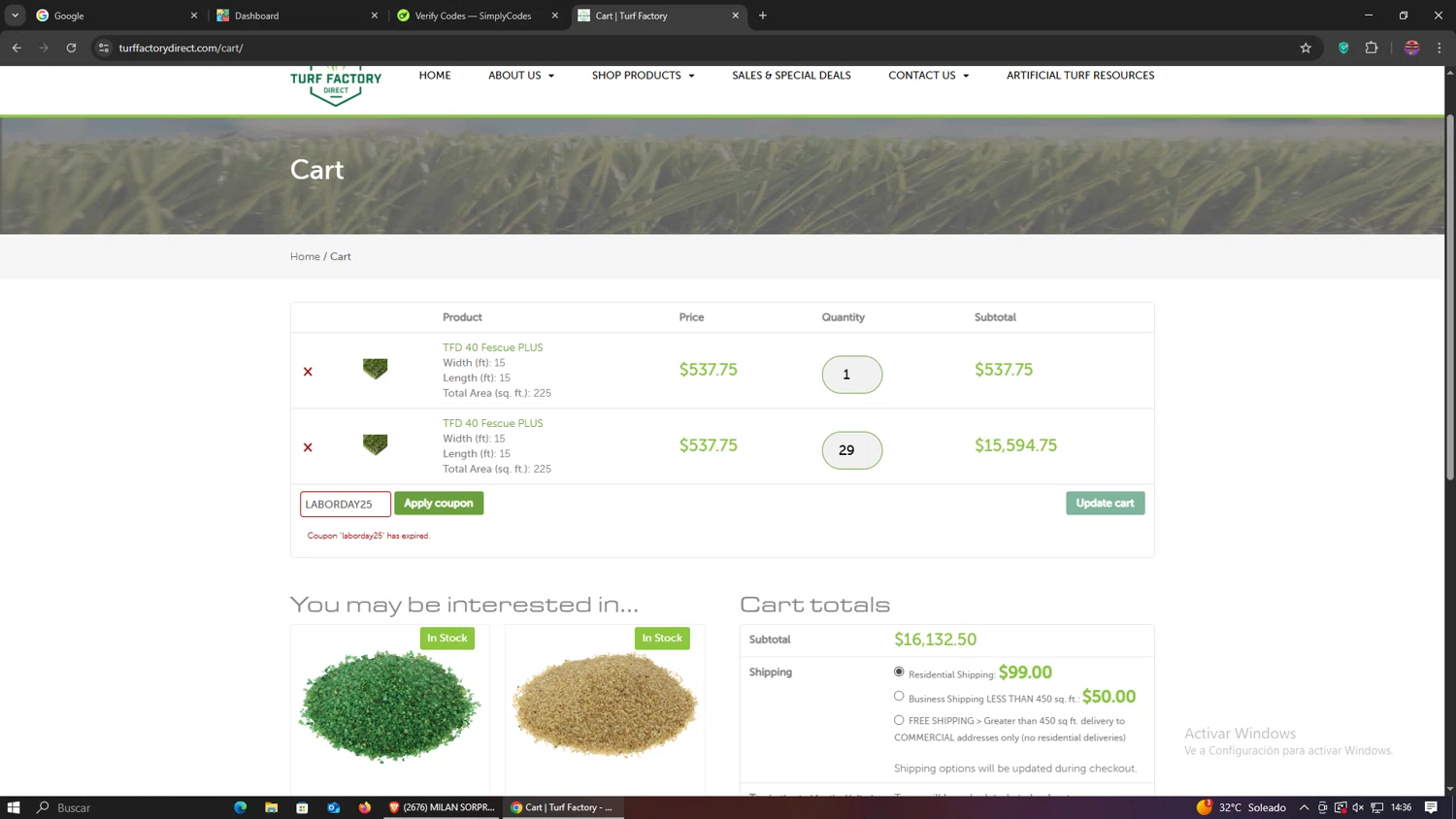 Turf Factory Direct coupon code screenshot showing code LABORDAY25 applied at Turf Factory Direct checkout page. Uploaded by SimplyCodes community member RebateHawk1800 on Sep 29, 2025