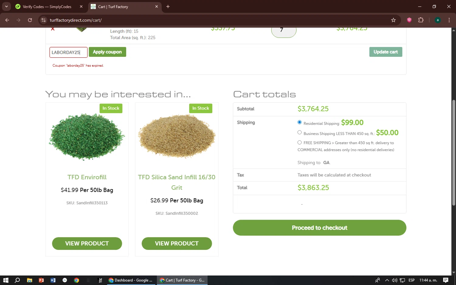 Turf Factory Direct coupon code screenshot showing code LABORDAY25 applied at Turf Factory Direct checkout page. Uploaded by SimplyCodes community member zizu55 on Sep 29, 2025