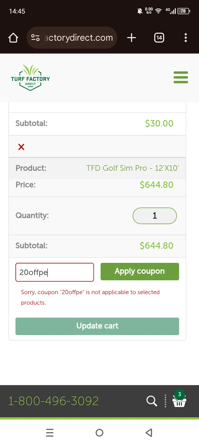 Turf Factory Direct coupon code screenshot showing code 20offpe applied at Turf Factory Direct checkout page. Uploaded by SimplyCodes community member Olivatle on Dec 8, 2025