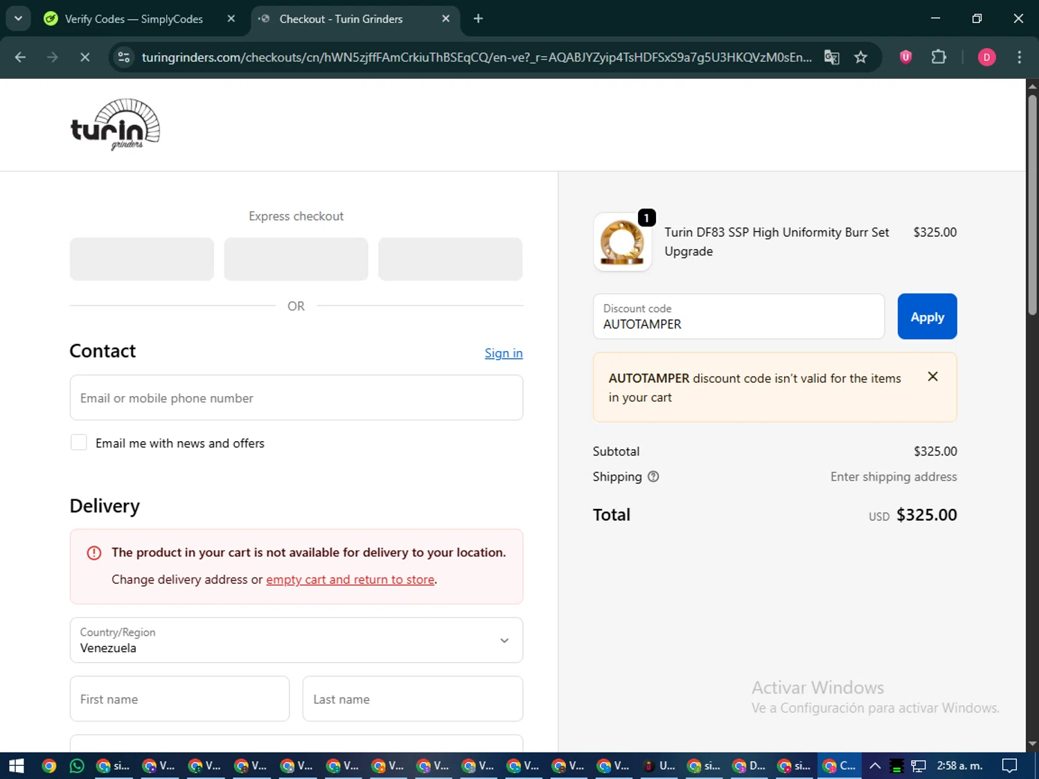 Turin Grinders discount code screenshot showing code AUTOTAMPER applied at Turin Grinders checkout page. Uploaded by SimplyCodes community member MoneySeeker7165 on Dec 3, 2025