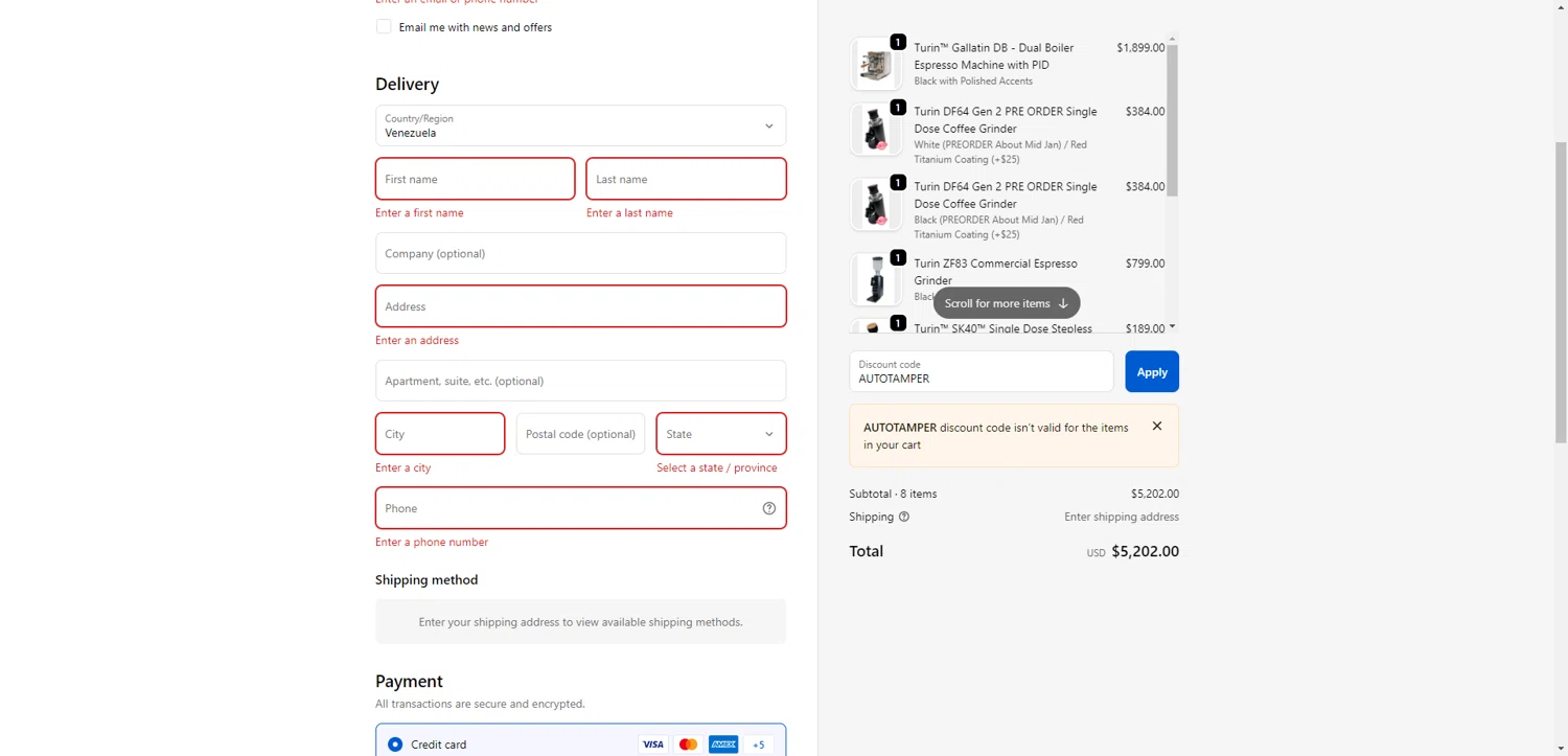 Turin Grinders discount code screenshot showing code AUTOTAMPER applied at Turin Grinders checkout page. Uploaded by SimplyCodes community member PromoSeeker7158 on Dec 8, 2025