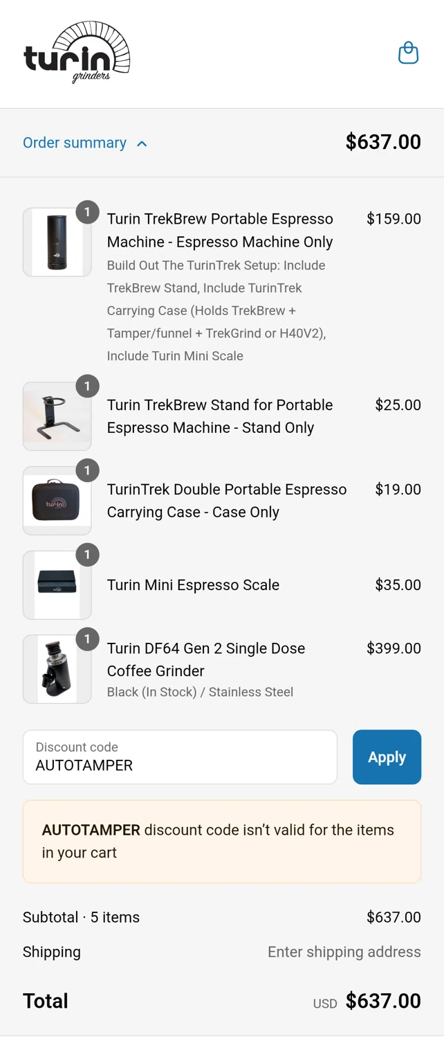 Turin Grinders discount code screenshot showing code AUTOTAMPER applied at Turin Grinders checkout page. Uploaded by SimplyCodes community member tulioriera on Jul 17, 2025