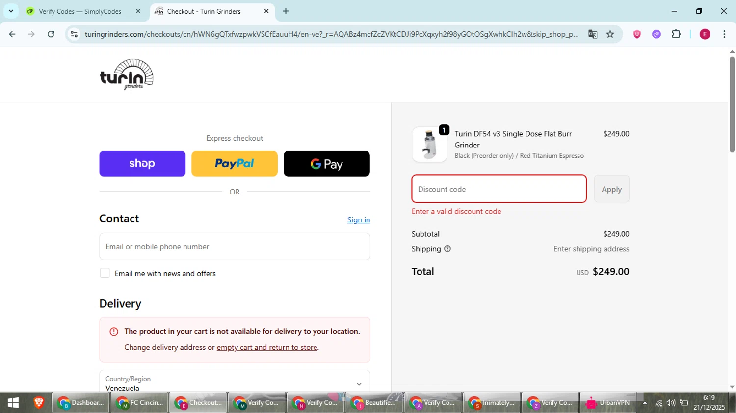 Turin Grinders discount code screenshot showing code AZB4SJN354HQ applied at Turin Grinders checkout page. Uploaded by SimplyCodes community member BrilliantWhiz4434 on Dec 21, 2025