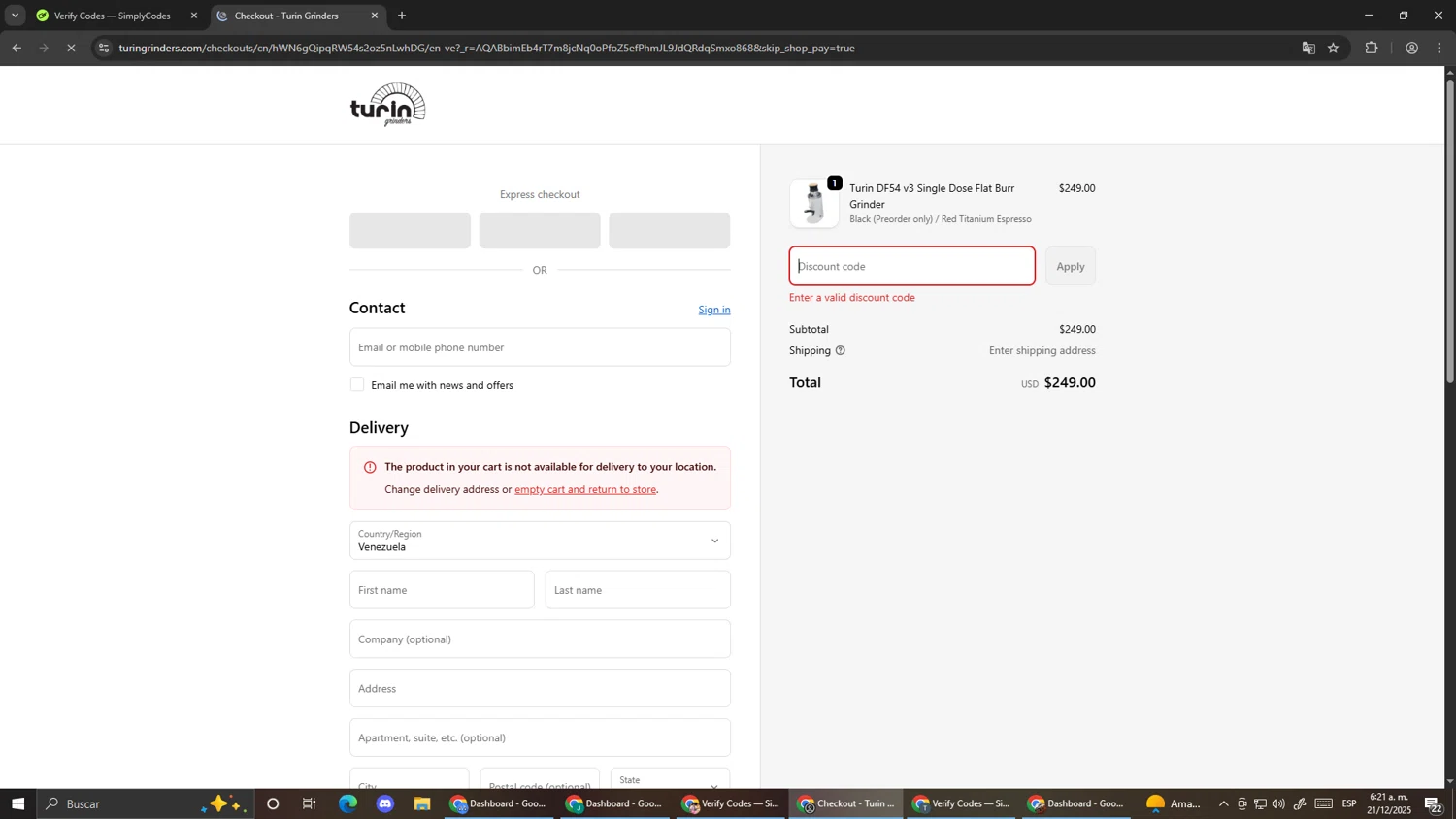 Turin Grinders discount code screenshot showing code AZB4SJN354HQ applied at Turin Grinders checkout page. Uploaded by SimplyCodes community member Pirlo420 on Dec 21, 2025
