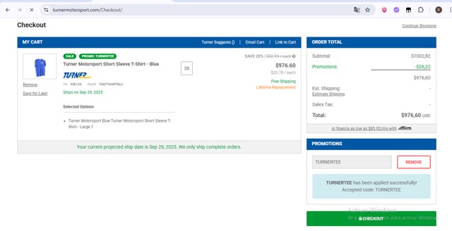 Turner Motorsport checkout page showing Turner Motorsport promo code box | Screenshot taken by SimplyCodes community member on Aug 14, 2025