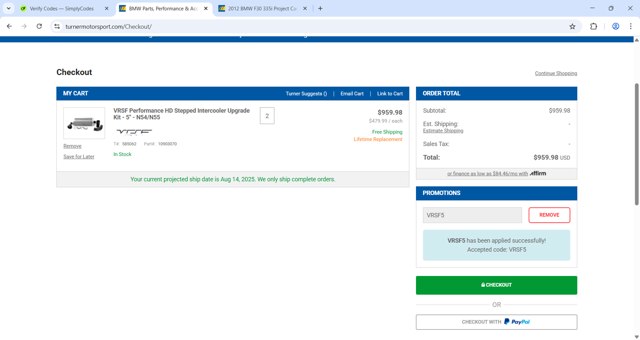 Turner Motorsport checkout page showing Turner Motorsport promo code box | Screenshot taken by SimplyCodes community member on Aug 14, 2025