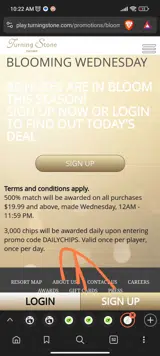 Turning Stone Online Casino coupon verification screenshot